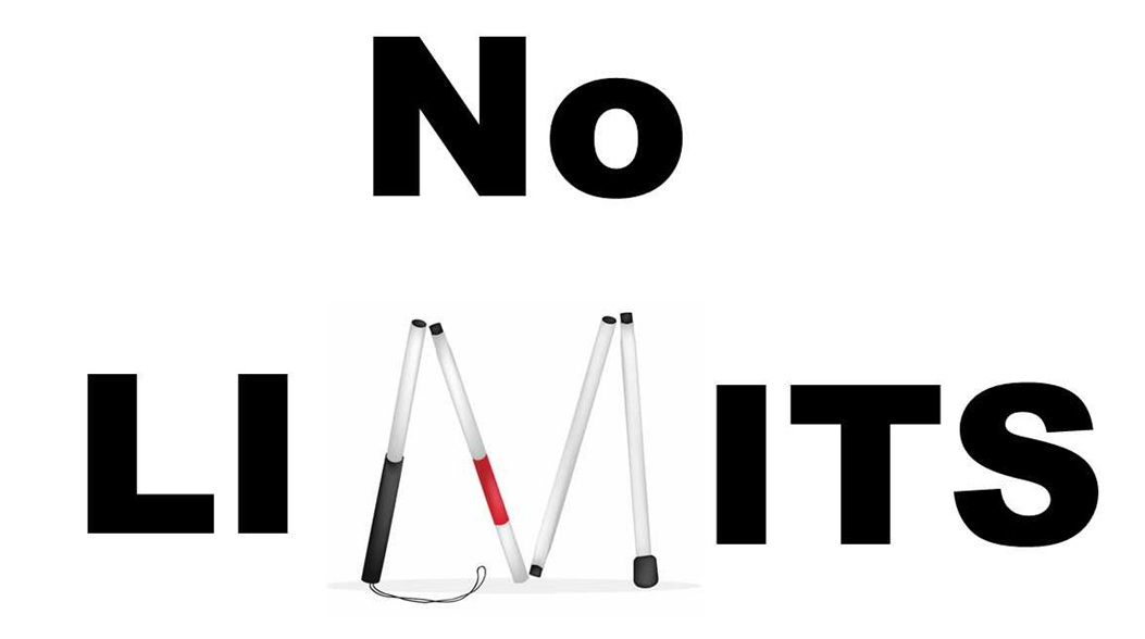 No Limits with a folded white cane in the shape of an M in limits.